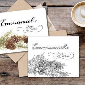 Tarjeta para colorear cristiana navideña para imprimir, tarjeta de felicitación de Emmanuel Dios con nosotros, página para colorear de las Sagradas Escrituras para adultos y adolescentes, regalo para colorear para descargar