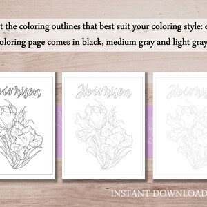 May include: Three printable colouring pages featuring a bouquet of flowers with the text "He is risen" in a handwritten font. The pages are in black, medium grey, and light grey.