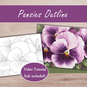 Puede incluir: La imagen presenta una pintura de acuarela de pensamientos morados y un contorno en blanco y negro de las mismas flores. El texto dice "Pansies Outline" y "Video Tutorial link included!"
