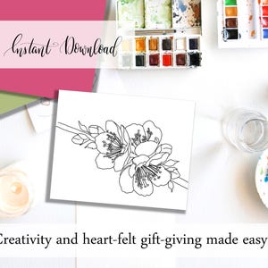K&ouml;nnte beinhalten: Eine wei&szlig;e Karte mit einer schwarzen floralen Strichzeichnung, umgeben von Kunstzubeh&ouml;r. Der Text "Instant Download" befindet sich &uuml;ber der Karte, mit dem Satz "Creativity and heart-felt gift-giving made easy!" darunter.