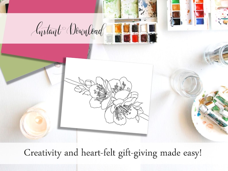 K&ouml;nnte beinhalten: Eine wei&szlig;e Karte mit einer schwarzen floralen Strichzeichnung, umgeben von Kunstzubeh&ouml;r. Der Text "Instant Download" befindet sich &uuml;ber der Karte, mit dem Satz "Creativity and heart-felt gift-giving made easy!" darunter.