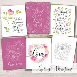 Juego de tarjetas cristianas para el día de San Valentín con versículos bíblicos. Lote de 6 tarjetas de felicitación y etiquetas para San Valentín para imprimir. Tarjetas con las Escrituras "Ámense los unos a los otros"