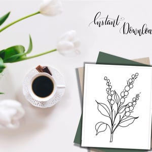 Pode incluir: Desenho a tra&ccedil;o preto e branco de uma ilustra&ccedil;&atilde;o bot&acirc;nica com as palavras "Instant Download" em it&aacute;lico. A imagem est&aacute; em um fundo branco com uma x&iacute;cara de caf&eacute;, chocolate e tulipas.