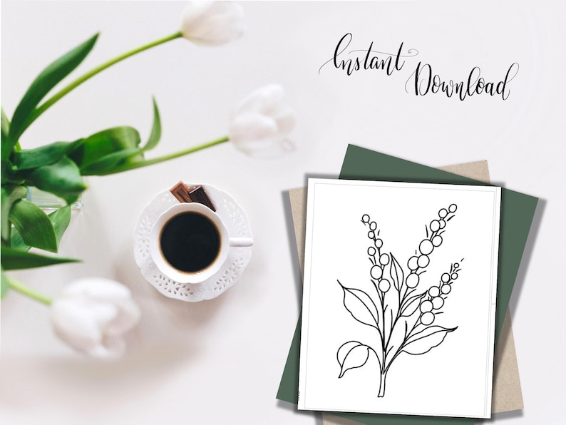 Pode incluir: Desenho a tra&ccedil;o preto e branco de uma ilustra&ccedil;&atilde;o bot&acirc;nica com as palavras "Instant Download" em it&aacute;lico. A imagem est&aacute; em um fundo branco com uma x&iacute;cara de caf&eacute;, chocolate e tulipas.