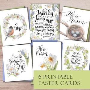 Tarjeta de Pascua con versículo bíblico, conjunto de tarjetas cristianas de Pascua, tarjeta con las Escrituras "Él ha resucitado", tarjeta imprimible del Día de la Resurrección, tarjeta de Pascua de Juan 11:25