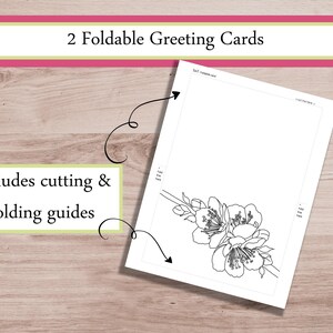 K&ouml;nnte beinhalten: Zwei faltbare Gru&szlig;karten mit floralen Illustrationen. Die Karten enthalten Schnitt- und Faltanleitungen. Der Text auf dem Bild lautet: "2 Faltbare Gru&szlig;karten" und "Enth&auml;lt Schnitt- und Faltanleitungen".