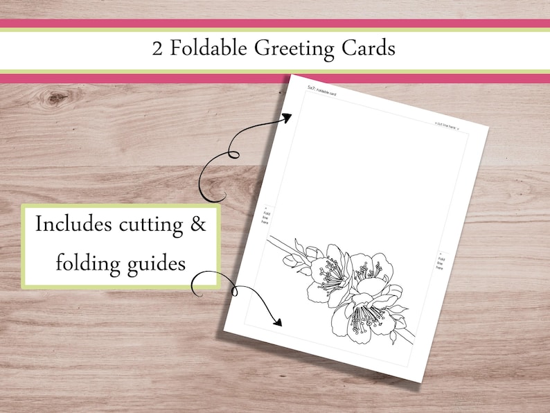 K&ouml;nnte beinhalten: Zwei faltbare Gru&szlig;karten mit floralen Illustrationen. Die Karten enthalten Schnitt- und Faltanleitungen. Der Text auf dem Bild lautet: "2 Faltbare Gru&szlig;karten" und "Enth&auml;lt Schnitt- und Faltanleitungen".