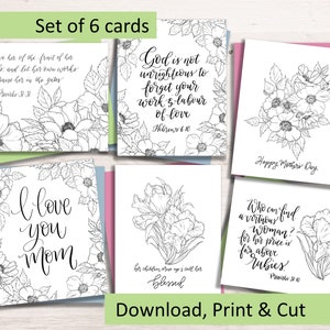 Paquete de tarjetas cristianas para colorear para el Día de la Madre, tarjeta DIY para el Día de la Madre para mamá cristiana, regalo imprimible para colorear de Proverbios 31 para mamá