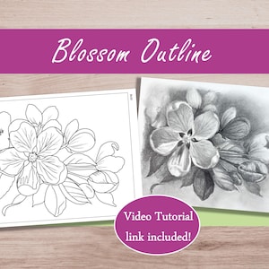 Flower Painting Outline to Trace, Blossom Floral Coloring Page Printable Drawing & Shading Tutorial Beginner&#39;s Art Tutorial