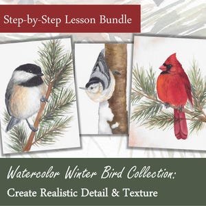 May include: Watercolor paintings of winter birds, including a chickadee, nuthatch, and cardinal, perched on branches. The artwork is part of a "Step-by-Step Lesson Bundle" and the "Watercolor Winter Bird Collection", designed to create realistic detail and texture.