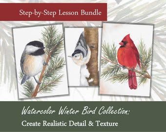 Winter Birds Watercolor Tutorial – Bird Painting Video Lessons with Outlines Paint a Christmas Card or Gift