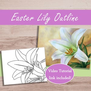 May include: A printable Easter lily outline with a video tutorial link. The outline is in black and white and the lily is facing to the right. The lily has a large, open bloom with a prominent stamen.