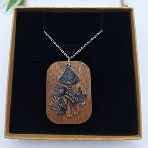 Moon and Mushroom Necklace, Mushroom Jewelry, Wooden Necklace, Mushroom Necklace