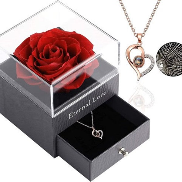 Preserved Rose with I Love You Necklace | Gifts for Mom, Wife, Girlfriend | Romantic Gift for Her | Anniversary | Best Mothers Day Gift