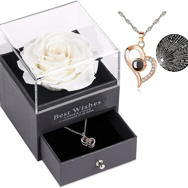 Preserved Rose with I Love You Necklace | Gifts for Wife, Girlfriend | Romantic Gifts for Her| Anniversary | Mother's Day Gift | Valentine