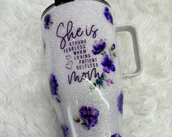 Personalized Mom Glitter Tumbler: Purple Floral Stainless Steel Cup
