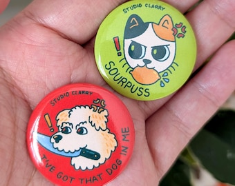 Sourpuss Cat & Angry Dog – kleurrijke knopspelden van 1,25 inch