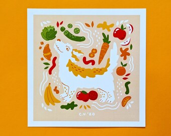 Produce Puppy – Archiefkunstdruk | Hond met fruit en groenten