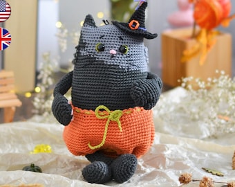Black cat crochet pattern - Halloween decoration - Amigurumi toy - Kitty cosy home decor by LaCigogne