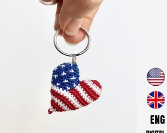 Patrón de llavero de corazón a crochet con la bandera de EE. UU.: Amigurumi para coche (patrón PDF)