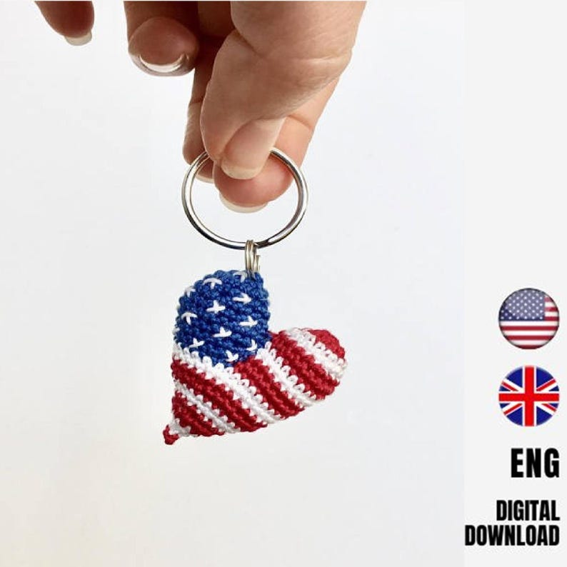 Crochet Heart Keychain US Flag Pattern: Amigurumi Car Charm (PDF Pattern) image 1