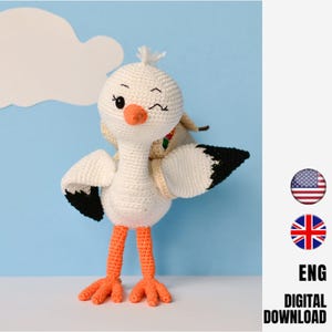 Patrón de cigüeña a crochet - Juguete amigurumi - Decoración de cigüeña para habitación infantil - Regalo para baby shower - Diseño LaCigogne - INGLÉS