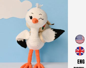 Stork crochet pattern - Amigurumi toy - Stork nursery decor - Baby shower gift - LaCigogne design - ENGLISH