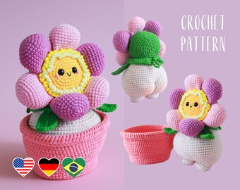 Amigurumi pattern Cheeky flower, crochet floweret in a pot, PDF tutorial