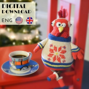Décoration de Noël : Modèle de coq au crochet - Jouet de coq amigurumi - Modèle d&#39;animal domestique - Décor de ferme champêtre - Design LaCigogne