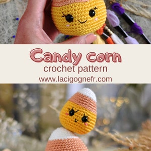 May include: Two crocheted candy corn toys, one stacked on top of the other. The candy corn are yellow, orange, and white. They have black eyes and a smiling mouth.