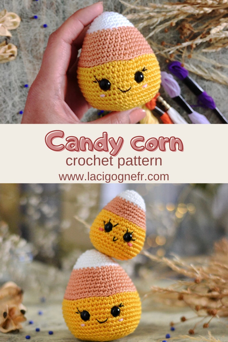 May include: Two crocheted candy corn toys, one stacked on top of the other. The candy corn are yellow, orange, and white. They have black eyes and a smiling mouth.