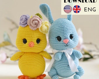 Easter decor : bunny and chick crochet pattern - Amigurumi bunny pattern  - Amigurumi chick toy - LaCigogne design - ENGLISH pattern