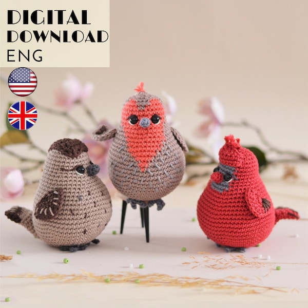 Summer decoration :  Tiny sparrow , cardinal , and red robin crochet pattern - Amigurumi bird toy - LaCigogne design - ENGLISH pattern