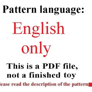Puede incluir: Imagen con texto que dice "Idioma del patr&oacute;n: Solo ingl&eacute;s". El texto adicional dice "Este es un archivo PDF, no un juguete terminado". El texto est&aacute; en negro y rojo sobre un fondo blanco. Una flecha roja apunta hacia la derecha.