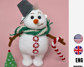 Dekoracja świąteczna: Wzór na szydełkowego bałwana - Zabawka amigurumi - Prezent do skarpety świątecznej - Wzór angielski