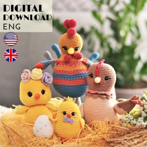 Lot de 5 motifs de décoration de Pâques : motif famille de poulets au crochet - coq, poule, poussin, oeuf - motif poulet amigurumi - ANGLAIS uniquement