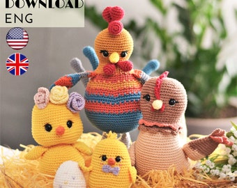 Easter decor : Chicken family crochet pattern - rooster , hen , chick , egg - Amigurumi chiken pattern - LaCigogne design - ENGLISH pattern