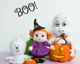 Patrón de ganchillo para conjunto: Muñeca bruja amigurumi, fantasma - Decoraciones de Halloween - Decoración otoñal - Diseño LaCigogne