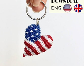 CROCHET PATTERN : Heart the keychain in colors of US flag , crochet tiny heart gift , patriotic gift , Usa flag pattern - English only