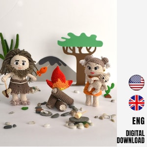 Höhlenmensch Familie Häkelbündel Muster - Amigurumi winzige Puppe und Lagerfeuer - Puppenhaus - LaCigogne Design - ENGLISCH