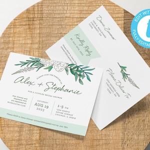 Bearbeitbare Postkarte Brautparty-Einladungsvorlage, Grün, weiße Blumen, Boho, Templett INSTANT Download, printable