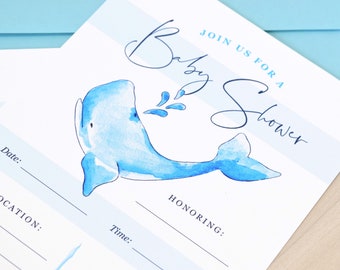 Fill-In Whale Baby Shower Invites | Printed (20Pk) with Envelopes | Nautical, Gender Neutral | Blue