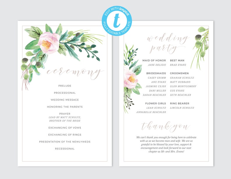 Recessional Message Editable Wedding Program Template | Pink, Blush Watercolor Florals ...