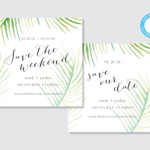 Printable Beachy Save the Date Template | Palm Trees | Destination Wedding | Templett INSTANT Download, Editable | Travel