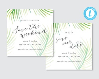 Printable Beachy Save the Date Template | Palm Trees | Destination Wedding | Templett INSTANT Download, Editable | Travel