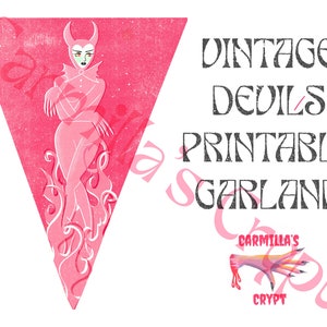 Digital Download Halloween Devil Pink Garland, Print at Home, Gothic decor, Vintage Devil, DIY Halloween, Spooky Party Decor