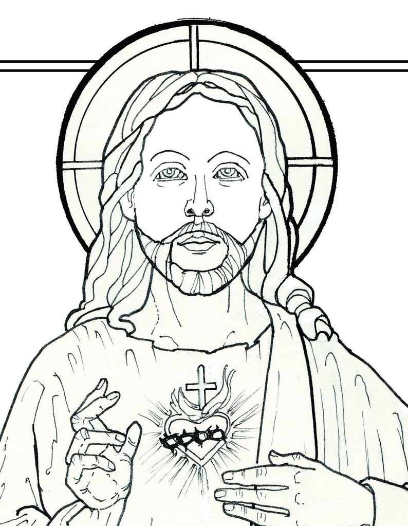 Jesus Coloring Page Sacred Heart of Jesus Coloring Page With - Etsy