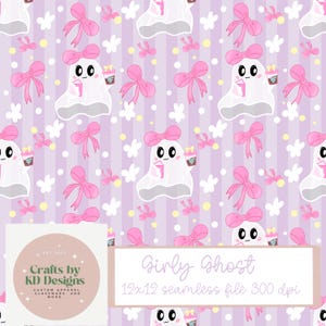 May include: A seamless pattern featuring white ghosts with pink bows, holding pink cups, on a light purple striped background with white polka dots and small white flowers. A logo reads Crafts by KD Designs and text reads Girly Ghost 12x12 seamless file 300 dpi.