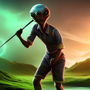 Może przedstawiać: Szary kosmita w niebiesko-żółtym stroju golfowym stoi na zielonym trawiastym polu z kijem golfowym na ramieniu. Kosmita ma duże zielone oczy i poważny wyraz twarzy.