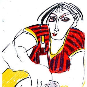 May include: A black and white line drawing of a person in a red and black striped shirt, sitting at a table with a glass of wine. The person is looking down at the glass of wine.